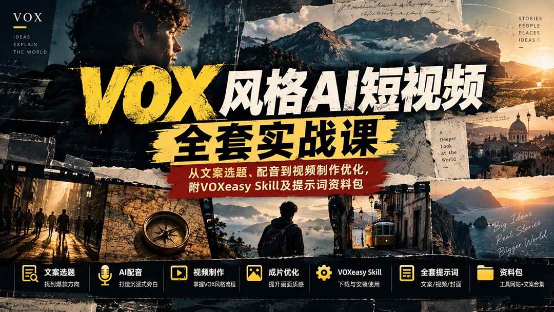（20677期）【无水印】VOX风格AI短视频全套实战课：从文案选题、配音到视频制作优化，附VOXeasy Skill及提示词资料包-洛柒笔记