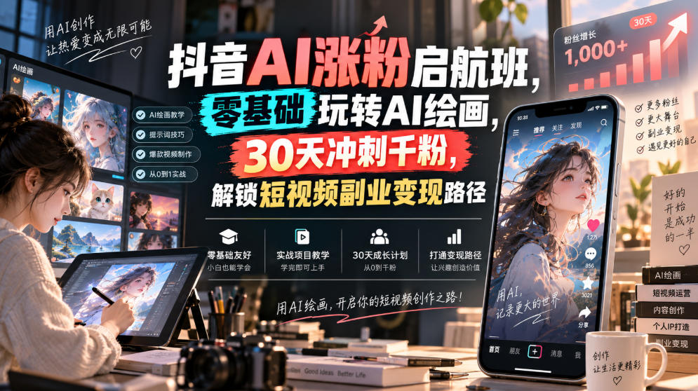 抖音AI涨粉启航班，零基础玩转AI绘画，30天冲刺千粉，解锁短视频副业变现路径-洛柒笔记