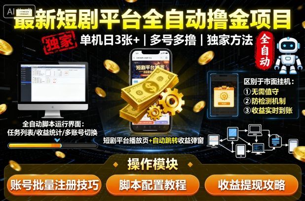 最新短剧平台全自动挂G撸金项目,单机一天3张+,多号多撸,区别于市面所有挂机项目,独家方法-洛柒笔记