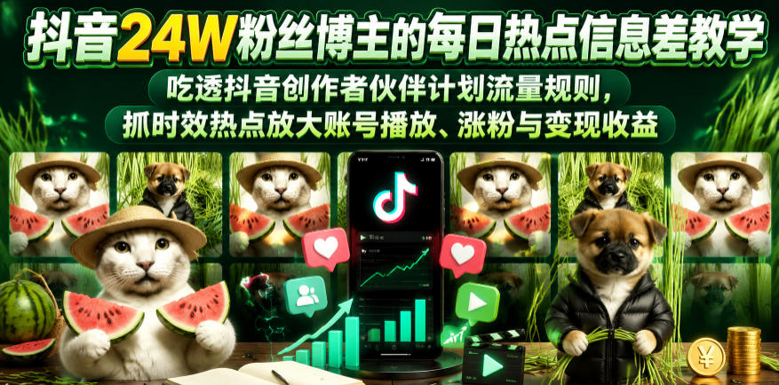 抖音24W粉丝博主的每日热点信息差教学，吃透创作者伙伴计划流量规则，抓时效热点放大账号播放、涨粉与变现收益（更新）