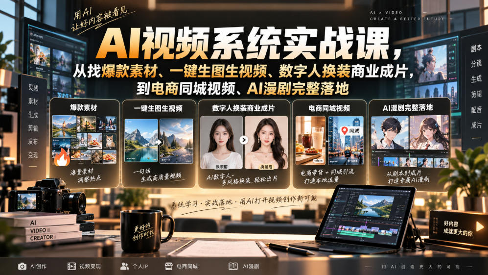 AI视频系统实战课，从找爆款素材、一键生图生视频、数字人换装商业成片，到电商同城视频、AI漫剧完整落地-洛柒笔记