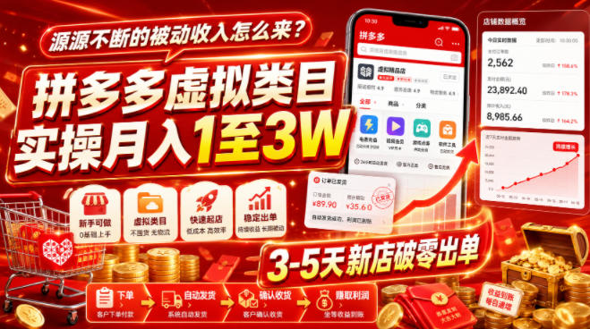源源不断的被动收入怎么来？拼多多虚拟类目实操月入1至3W，3-5天新店破零出单-洛柒笔记
