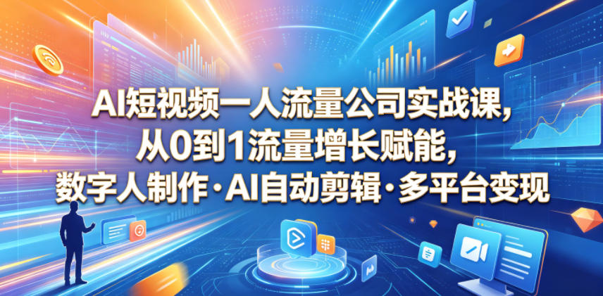 AI短视频一人流量公司实战课，从0到1流量增长赋能，数字人制作・AI自动剪辑・多平台变现，一人做流量生意全落地教程-洛柒笔记