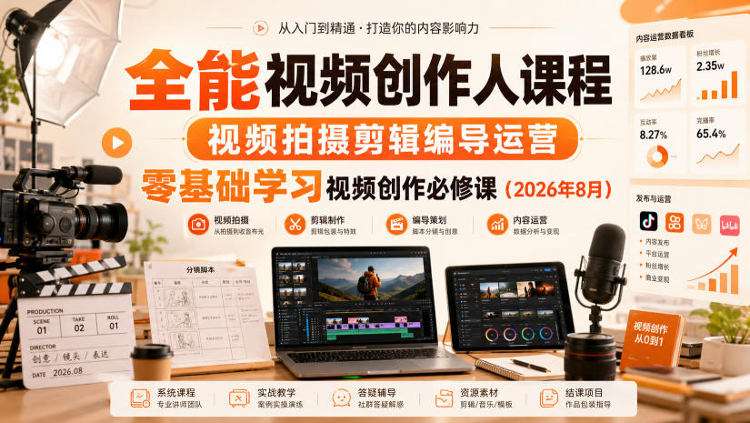 全能视频创作人课程，视频拍摄剪辑编导运营，零基础学习视频创作必修课（2026年8月）-洛柒笔记