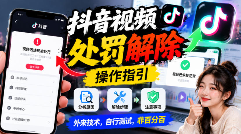 抖音视频处罚解除操作指引，外来技术，自行测试，非百分百-洛柒笔记