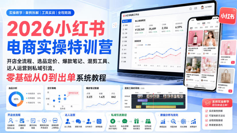 2026小红书电商实操特训营｜开店全流程、选品定价、爆款笔记、混剪工具、达人运营到私域引流，零基础从0到出单系统教程-洛柒笔记