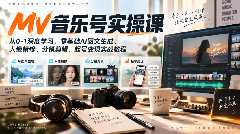 AI MV音乐号实操课，从0-1深度学习，零基础AI图文生成、人像精修、分镜剪辑、起号变现实战教程-洛柒笔记