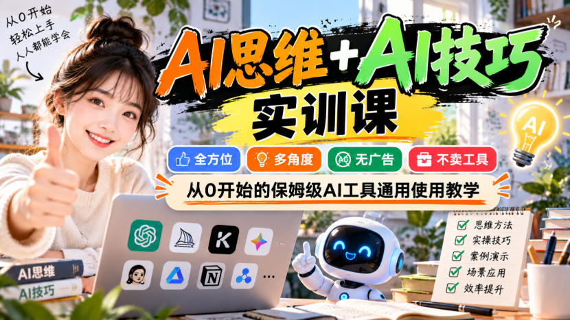 【无水印】AI思维+AI技巧实训课，全方位、多角度、无广告、不卖工具，从0开始的保姆级AI工具通用使用教学-洛柒笔记