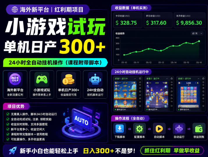 海外新平台，小游戏试玩，单机日产300+，24小时全自动挂G操作（课程附带脚本）【揭秘】-洛柒笔记