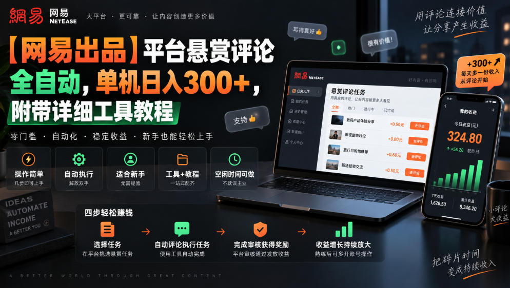 【网易出品】平台悬赏评论全自动，单机日入300+，附带详细工具教程【揭秘】-洛柒笔记
