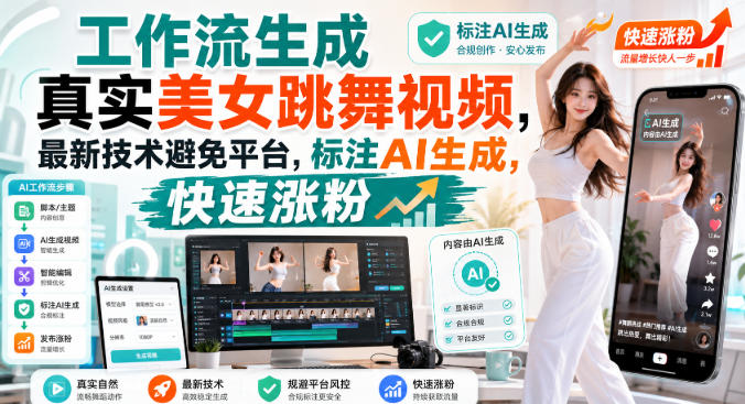 工作流生成真实美女跳舞视频，最新技术避免平台，标注AI生成，快速涨粉-洛柒笔记