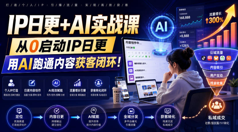 IP日更+AI实战课，从0启动IP日更，IP置顶视频制作+100条选题库搭建+10条日更规划，用AI跑通内容获客闭环!-洛柒笔记