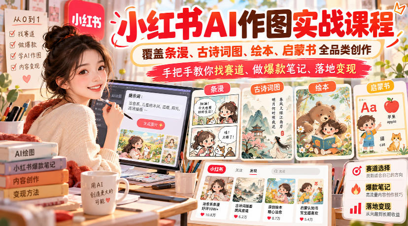 小红书AI作图实战课程，覆盖条漫、古诗词图、绘本、启蒙书全品类创作，手把手教你找赛道、做爆款笔记、落地变现-洛柒笔记