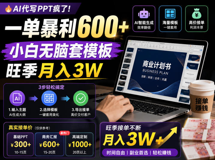 AI代写PPT疯了！一单暴利600+，小白无脑套模板，旺季月入3W，不用苦哈哈引流【揭秘】-洛柒笔记