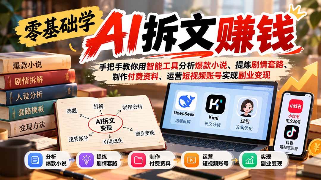 （21030期）零基础学AI拆文赚钱：手把手教你用智能工具分析爆款小说、提炼剧情套路、制作付费资料、运营短视频账号实现副业变现-洛柒笔记