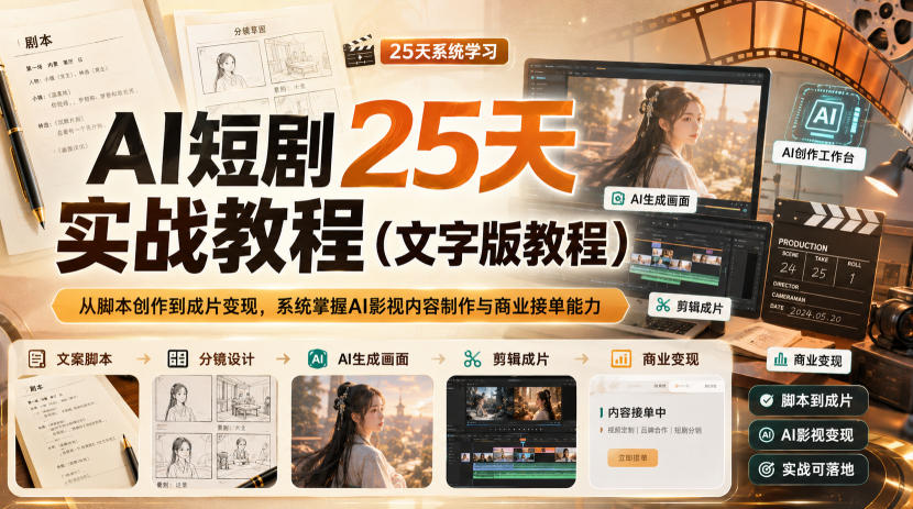 AI短剧25天实战教程（文字版教程），从脚本创作到成片变现，系统掌握AI影视内容制作与商业接单能力-洛柒笔记