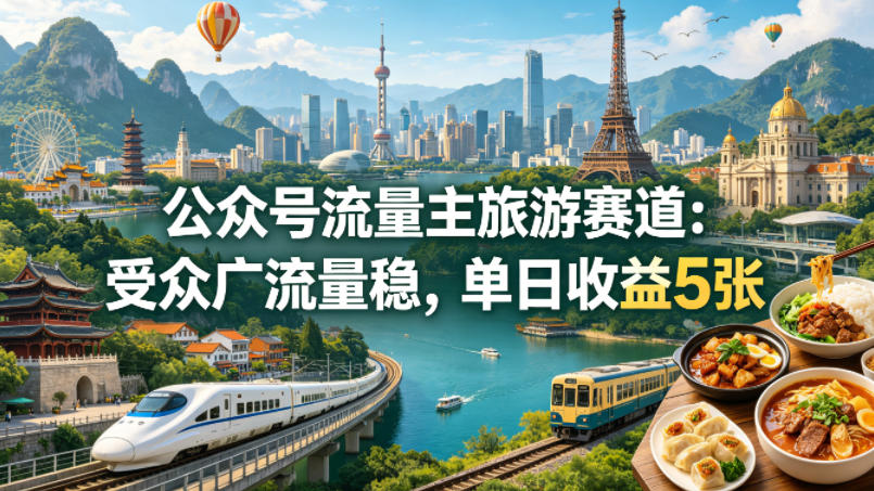 公众号流量主之旅游赛道，受众广+流量稳，平均单日收益5张+-洛柒笔记