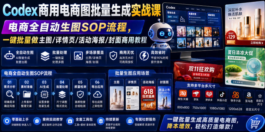 Codex商用电商图批量生成实战课｜电商全自动生图SOP流程，一键批量做主图/详情页/活动海报/封面商用教程-洛柒笔记