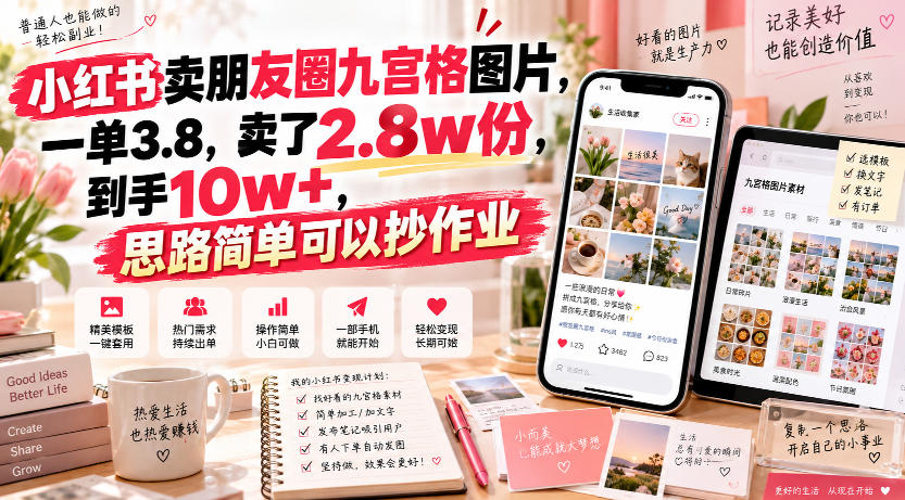 小红书卖朋友圈九宫格图片，一单3.8，卖了2.8w份，到手10w+，思路简单可以抄作业-洛柒笔记