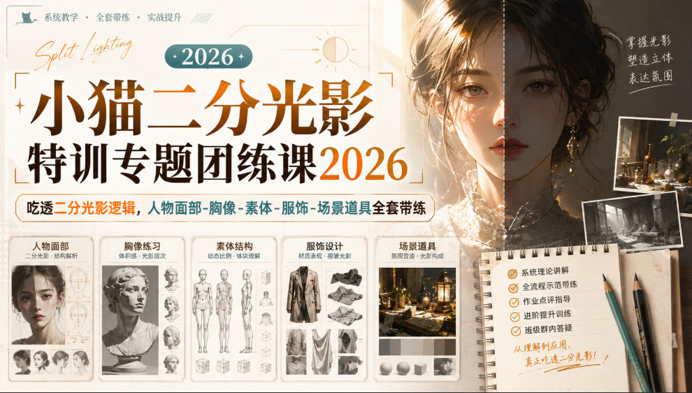 小猫二分光影特训专题团练课2026｜吃透二分光影逻辑，人物面部‑胸像‑素体‑服饰‑场景道具全套带练，高清画质附赠课件与笔刷-洛柒笔记