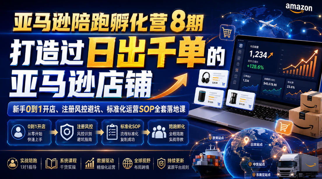 亚马逊陪跑孵化营8期，打造过日出千单的亚马逊店铺，新手0到1开店、注册风控避坑、标准化运营SOP全套落地课-洛柒笔记
