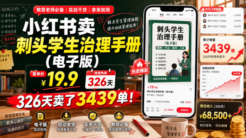 小红书卖刺头学生治理手册（电子版），客单价19.9，326天卖了3439单！-洛柒笔记