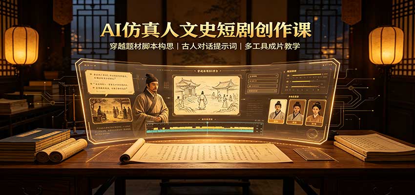 AI仿真人文史短剧创作课：穿越题材脚本构思，古人对话提示词，多工具成片教学-洛柒笔记