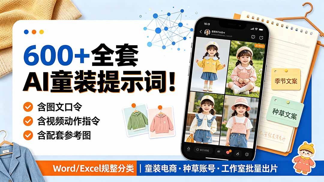 （19302期）600+全套AI童装提示词！含图文口令+视频动作指令+配套参考图，Word/Excel规整分类，童装电商、种草无脑量产内容-洛柒笔记