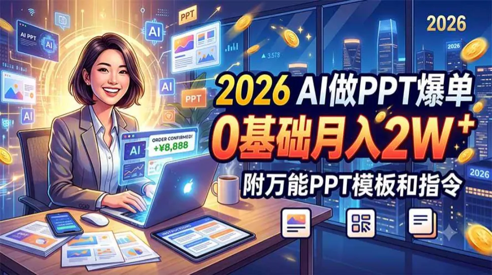 2026 AI做PPT爆单，0基础月入2W，附万能PPT模板和指令-洛柒笔记