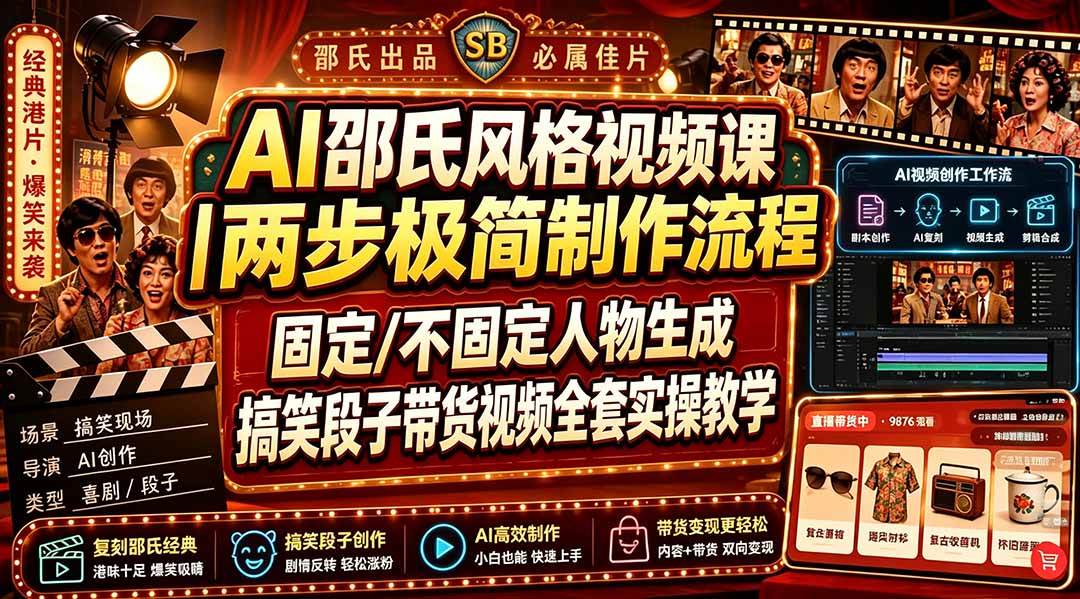 （19602期）AI邵氏风格视频课｜两步极简制作流程，固定/不固定人物生成，搞笑段子带货视频全套实操教学-洛柒笔记