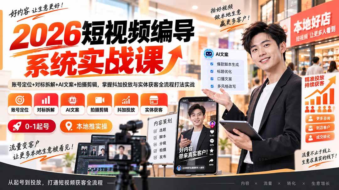 （20305期）2026短视频编导系统实战课：账号定位+对标拆解+AI文案+拍摄剪辑，掌握抖加投放与实体获客全流程打法实战-洛柒笔记