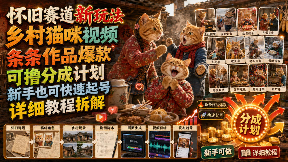 怀旧赛道新玩法，乡村猫咪视频，条条作品爆款，可撸分成计划，新手也可快速起号，详细教程拆解-洛柒笔记