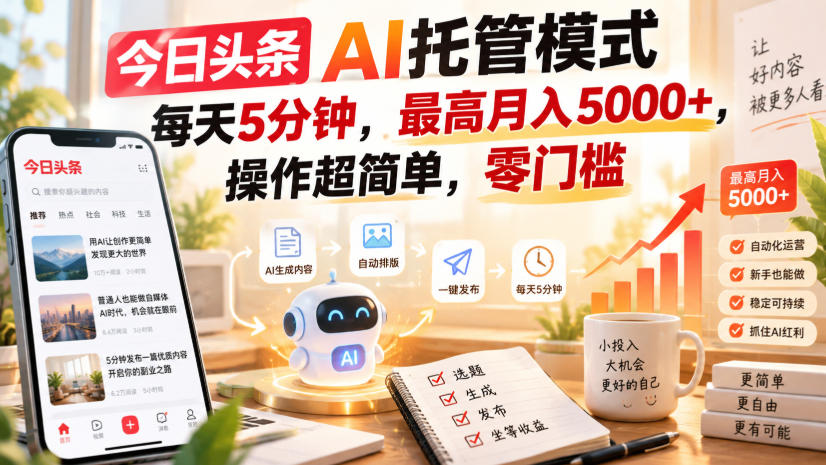 今日头条AI托管模式，每天5分钟，最高月入5000+，操作超简单，零门槛【揭秘】-洛柒笔记