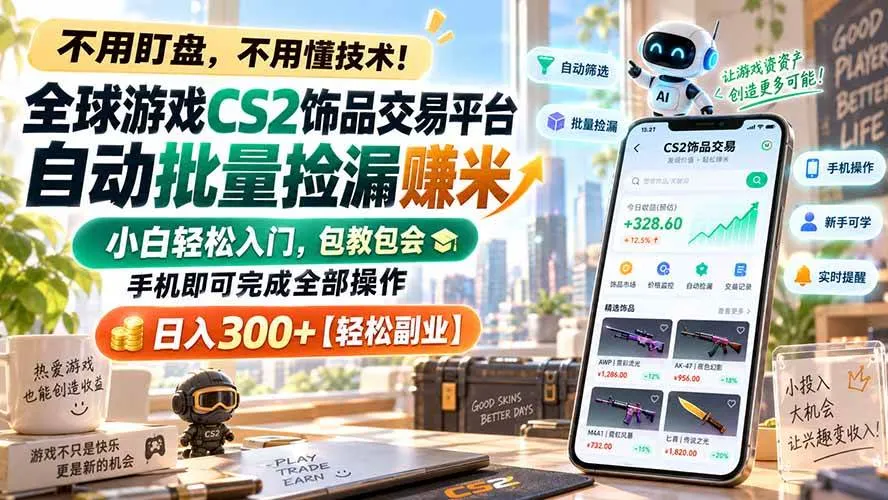 全球游戏CS2饰品交易平台自动批量捡漏赚米，小白轻松入门，包教包会，手机即可完成全部操作，日入300+【轻松副业】-洛柒笔记
