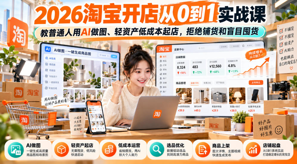 2026淘宝开店从0到1实战课，教普通人用AI做图、轻资产低成本起店，拒绝铺货和盲目囤货-洛柒笔记