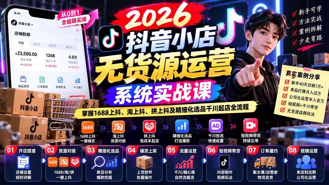 （20659期）2026抖音小店无货源运营系统实战课：掌握1688上抖、淘上抖、拼上抖及精细化选品千川起店全流程-洛柒笔记