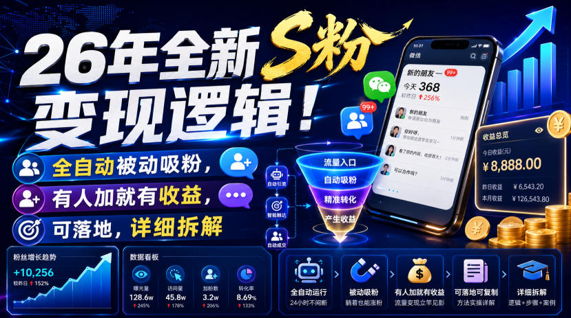 26年全新S粉变现逻辑！全自动被动吸粉，有人加就有收益，可落地，详细拆解-洛柒笔记