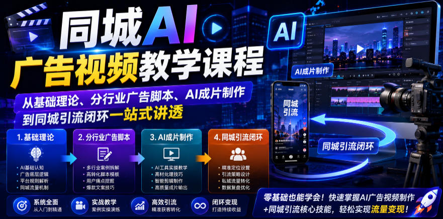 同城AI广告视频教学课程，从基础理论、分行业广告脚本、AI成片制作到同城引流闭环一站式讲透-洛柒笔记