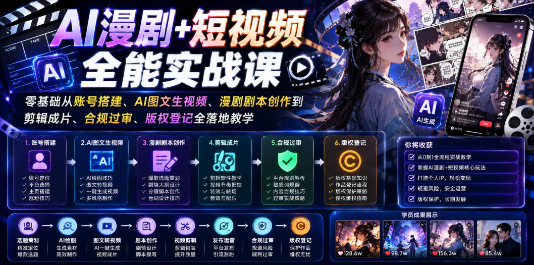 AI漫剧+短视频全能实战课｜零基础从账号搭建、AI图文生视频、漫剧剧本创作到剪辑成片、合规过审、版权登记全落地教学-洛柒笔记