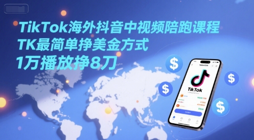 TikTok海外抖音中视频陪跑课程，TK最简单挣美金方式，1万播放挣8刀-洛柒笔记