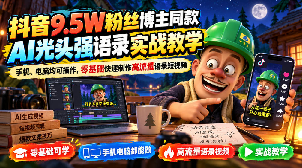 抖音9.5W粉丝博主同款AI光头强语录实战教学，手机、电脑均可操作，零基础快速制作高流量语录短视频