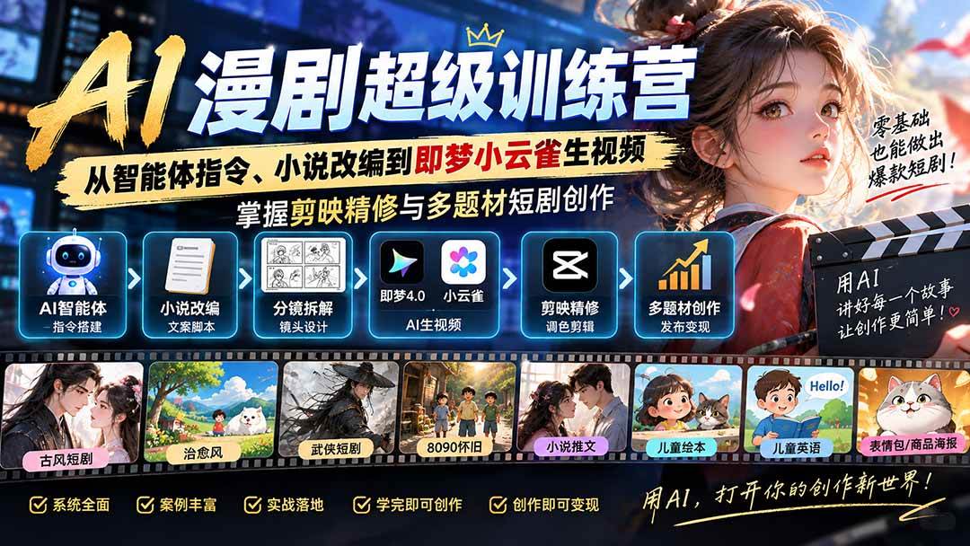 （20491期）AI漫剧超级特训营：从智能体指令、小说改编到即梦小云雀生视频，掌握剪映精修与多题材短剧创作-洛柒笔记