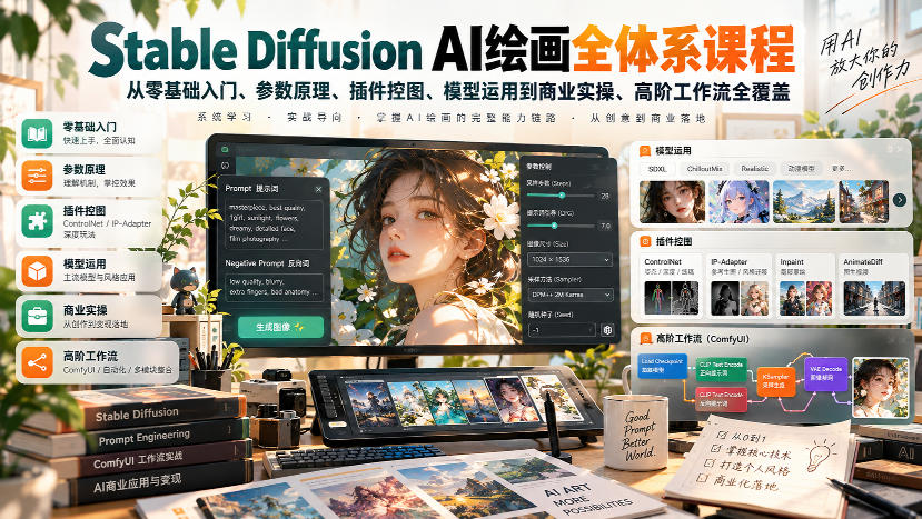 【无水印】Stable Diffusion AI绘画全体系课程，从零基础入门、参数原理、插件控图、模型运用到商业实操、高阶工作流全覆盖-洛柒笔记