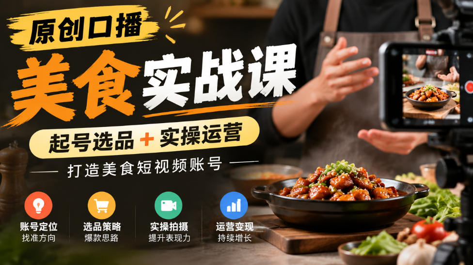 原创口播美食实战课，起号选品+实操运营，打造美食短视频账号-洛柒笔记