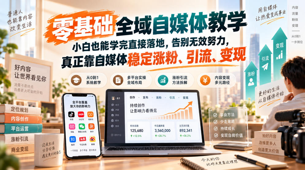 零基础全域自媒体教学，小白也能学完直接落地，告别无效努力，真正靠自媒体稳定涨粉、引流、变现-洛柒笔记