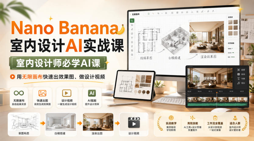 Nano Banana室内设计AI实战课，室内设计师必学AI课，用无限画布快速出效果图、做设计视频-洛柒笔记