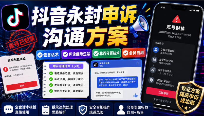 抖音永封申诉沟通方案，包含话术，包含继承违禁，非百分百技术，会员自测-洛柒笔记