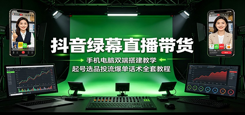 抖音绿幕直播带货：手机电脑双端搭建教学，起号选品投流爆单话术全套教程-洛柒笔记