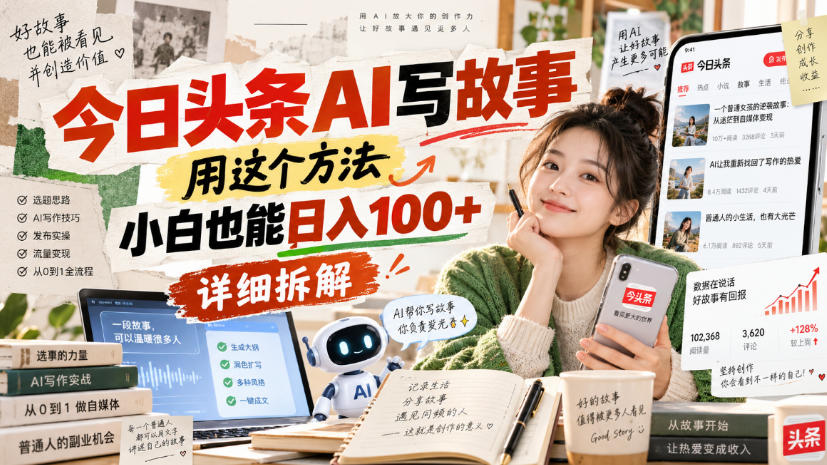今日头条AI写故事，用这个方法，小白也能日入100+，详细拆解-洛柒笔记