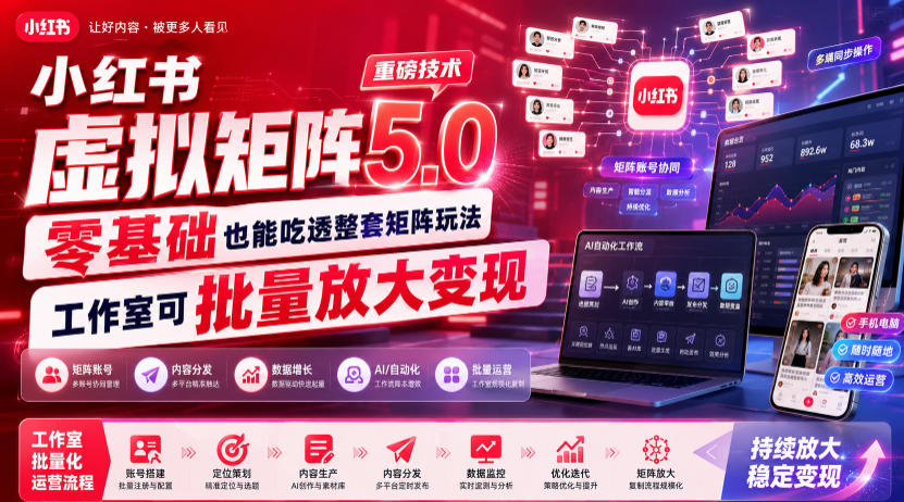 小红书虚拟矩阵5.0重磅技术，零基础也能吃透整套矩阵玩法，工作室可批量放大变现-洛柒笔记